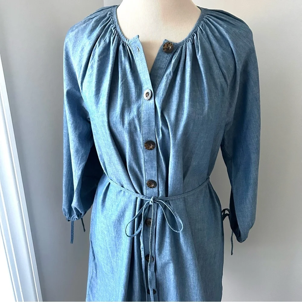 🌸NWT J. Crew Button Down Chambray Dress. Tie Waist. Size: Petite Medium - Picture 7 of 16